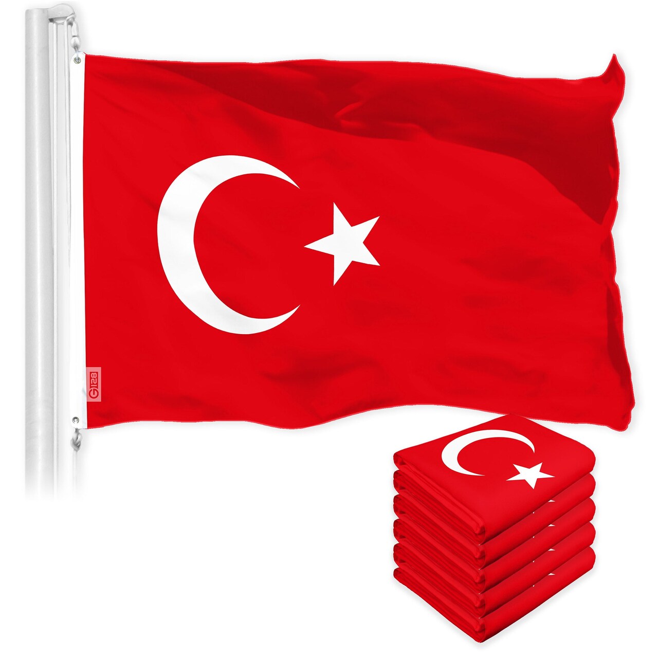 G128 5 Pack: Turkey Turkish Flag | 3x5 Ft | LiteWeave Pro Series Printed 150D Polyester | Country Flag, Indoor/Outdoor, Vibrant Colors, Brass Grommets, Thicker and More Durable Than 100D 75D Polyester